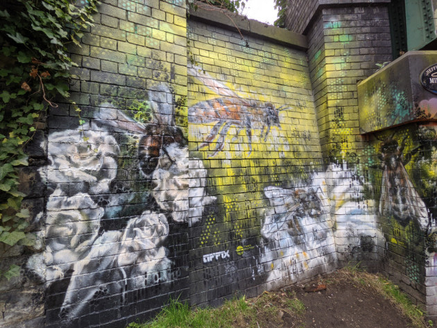 Mural of some bees pollenating flowers